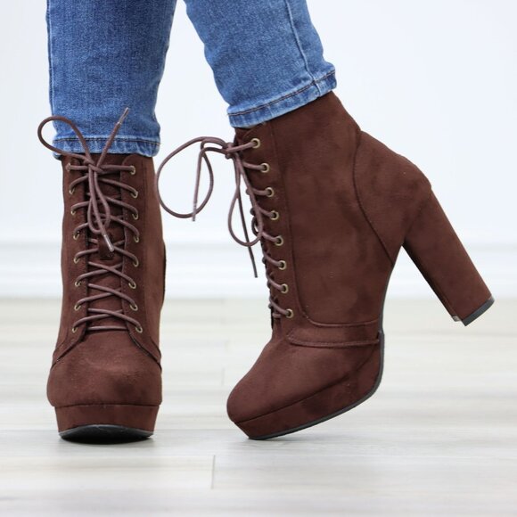 Brown Platform Ankle Boots Block High Heeled Booties Faux Suede Lace-Up - Picture 9 of 11